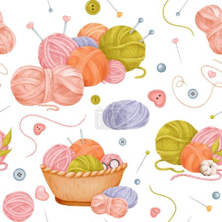 Photo for A seamless crafting-themed pattern yarn skeins in a woven basket, cotton flowers, colorful buttons, sewing needles with threads, and knitting needles. watercolor children illustration. - Royalty Free Image