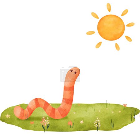 Téléchargez les photos : Composition aquarelle un ver sur une prairie verte regardant le soleil. Cette illustration sur le thème du printemps et adaptée aux enfants est pour vos créations, créant une atmosphère délicieuse de la saison. - en image libre de droit
