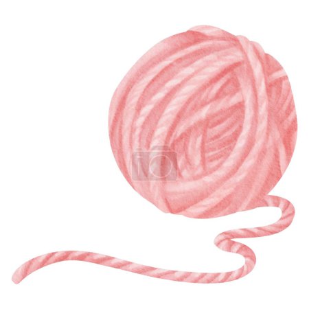 An isolated watercolor depiction of a pink yarn spool. Comprised of wool and cotton strands. for hobbyists, sewing boutiques, fabric producers and educational resources for knitting and sewing.