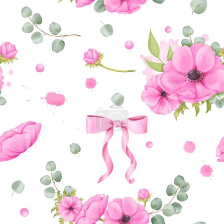 Photo for Seamless pattern featuring watercolor flower motifs. anemones, silk ribbons, eucalyptus leaves, and glittering rhinestones. for backdrop designs, wallpapers, textile patterns, DIY crafts. - Royalty Free Image