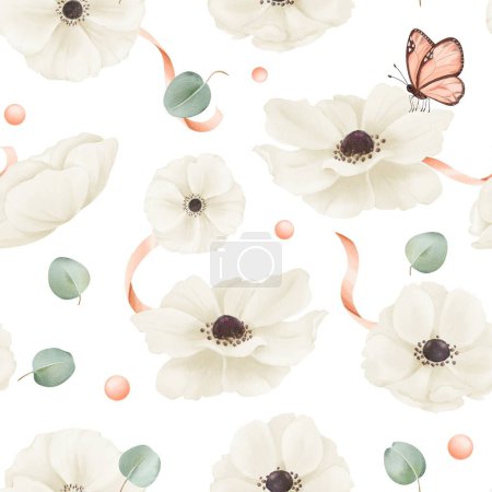 Photo for Seamless pattern featuring white watercolor anemones, eucalyptus leaves, satin ribbons, and rhinestones. textile, web design, print materials greeting cards wallpapers gift packaging accessories. - Royalty Free Image