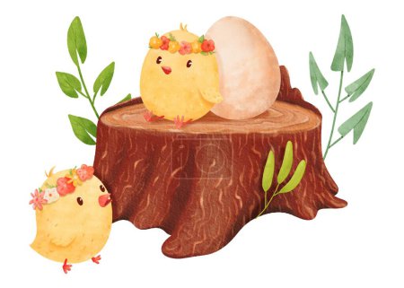 Photo for Watercolor childrens composition featuring little yellow chicks playing around an old brown stump adorned with spring foliage. The stump serves as a charming nest for a chicken egg. - Royalty Free Image