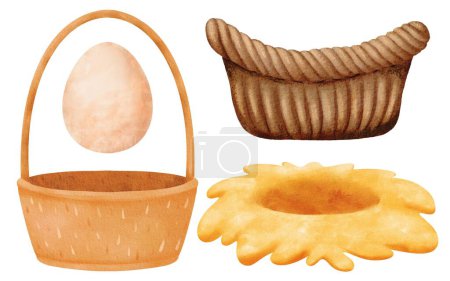 Photo for Watercolor set. high-handle and handle-less baskets, a chicken egg, and a birds nest made of straw. cartoon style. From farmhouse-themed illustrations to decorative designs, rustic elements. - Royalty Free Image