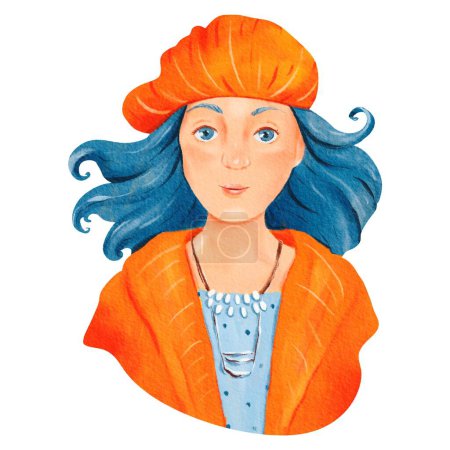 Photo for A woman sporting blue hair and an orange hat sits with her chin resting on her hand, eyebrows raised in a curious gesture. Her headgear adds a playful touch to her overall look. - Royalty Free Image