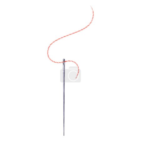 A steel needle with a pink thread. Isolated object. Watercolor illustration. Ideal for sewing-related logos, crafting enthusiasts, needlework businesses, and DIY-themed designs.