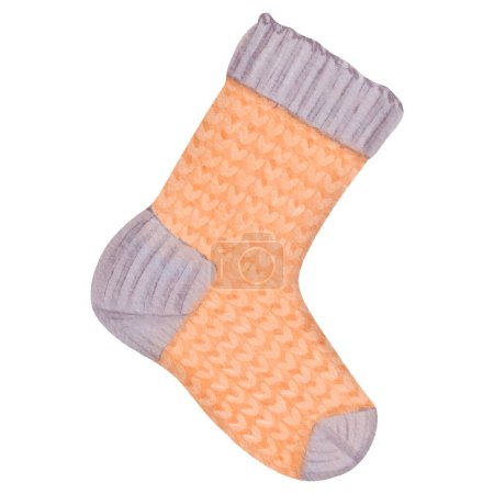 A watercolor isolated object featuring a knitted sock, a clothing item for winter and autumn. Suitable for knitting, crafting, and cozy evenings.