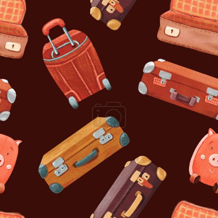 Photo for Seamless pattern of open and close Stylish brown retro suitcase, child luggage . Old vintage leather briefcase baggage. Travel stuff. Hand drawn retro bag. Watercolor colored illustration. - Royalty Free Image