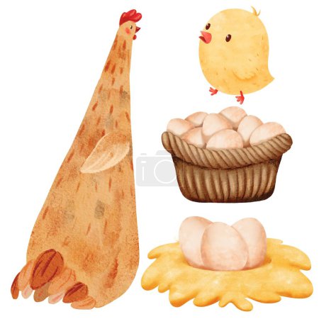 Téléchargez les photos : Ensemble aquarelle avec des poussins adorables, poules, œufs dans un panier, et des œufs dans un nid. thème de la ferme, pour diverses occasions, y compris les anniversaires et Pâques. Les illustrations dans un style de dessin animé ludique. - en image libre de droit