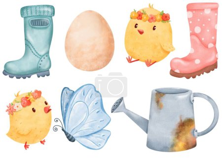Photo for Watercolor set. rubber boots, chicks adorned with floral wreaths, a blue butterfly, a hens egg, and a rusty watering can. farm-themed designs, and creative projects in need of a rustic flair. - Royalty Free Image