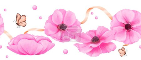 Photo for A seamless border featuring delicate pink anemones, adorned with ribbons, rhinestones, and butterflies. watercolor illustration for scrapbooking digital backgrounds website banners or social media. - Royalty Free Image