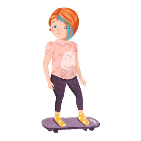 Photo for A little girl, wearing a magenta sleeve with a drawing of a skateboarder, is making a gesture while riding her skateboard on a white background - Royalty Free Image