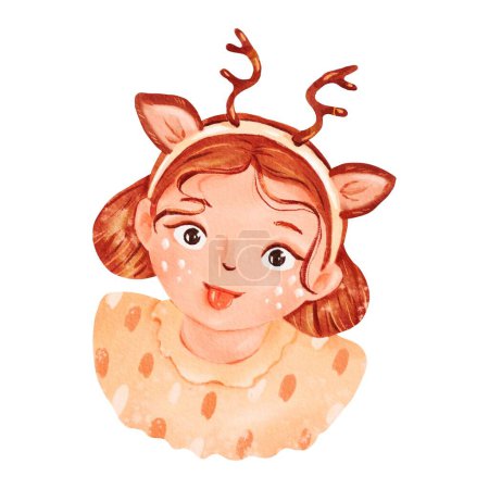 Photo for A happy little girl with peach cheeks and antler headband, resembling a fictional character, is wearing an ornament on her head. She is finger painting with eyelash details - Royalty Free Image