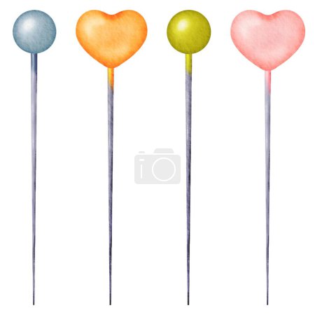 A set of sewing pins with various heads. Steel needles. Head colors blue, orange green and pink. Watercolor isolated objects. for crafting enthusiasts, needlework shops, and DIY-themed designs.