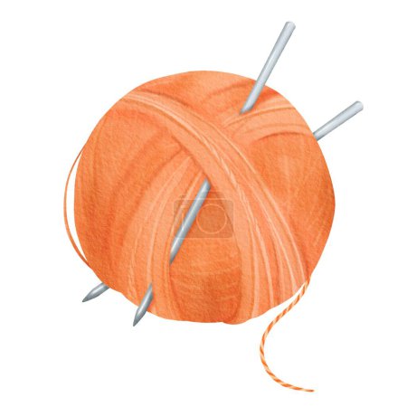 Téléchargez les photos : Une illustration aquarelle isolée avec une bobine de fil orange. Les aiguilles à tricoter en acier sont intégrées dans la bobine. pour les amateurs d'artisanat, les tutoriels de tricot et les publications liées au textile. - en image libre de droit