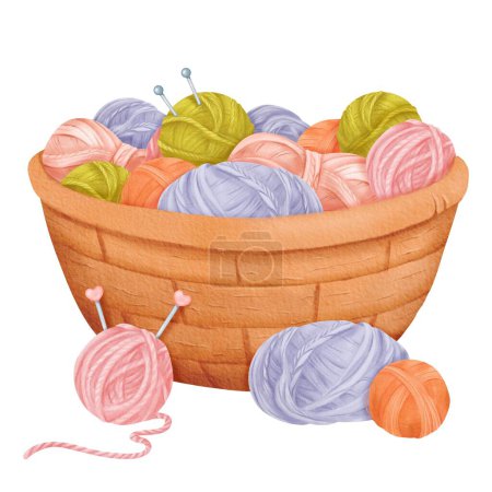 A cozy setup featuring a woven basket filled with assorted yarn balls and knitting needles. Perfect for crafting enthusiasts, knitting tutorials, or DIY-themed designs. Watercolor illustration.