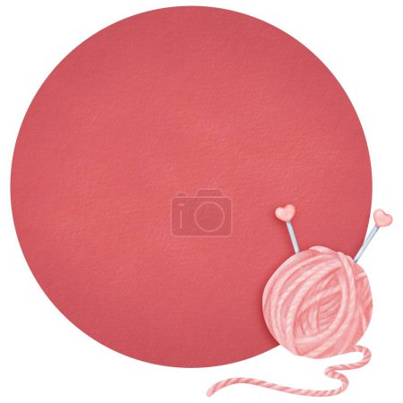 Une composition comportant un grand cercle de couleur fuchsia pour le texte, orné d'une écheveau de fil rose et d'aiguilles à tricoter. Les aiguilles sont décorées avec des charmes de coeur en plastique. Illustration aquarelle.