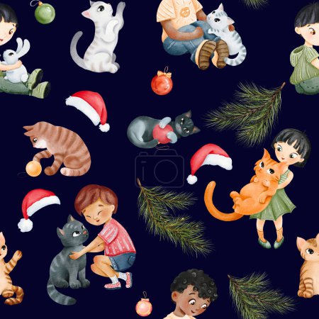 Téléchargez les photos : Motif sans couture. Une branche de pin. garçon est assis avec son animal de compagnie. Asiatique fille tient son chat rouge dans les bras. L'amitié. chatons drôles jouer avec des boules de Noël.Personnages mignons Nouvel An. pour le textile, l'emballage - en image libre de droit