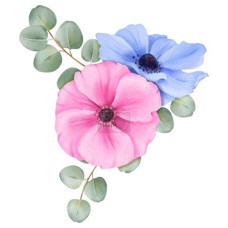 watercolor bouquet of pink and blue anemones with eucalyptus foliage. Ideal for adding a pop of color to event decorations, stationery designs, or digital projects.