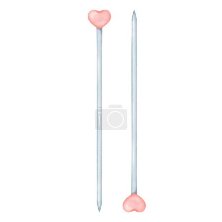 Metal knitting needles enhanced with charming plastic heart-shaped adornments. watercolor illustration. Ideal for crafting tutorials, knitting enthusiasts blogs, or DIY-themed designs.