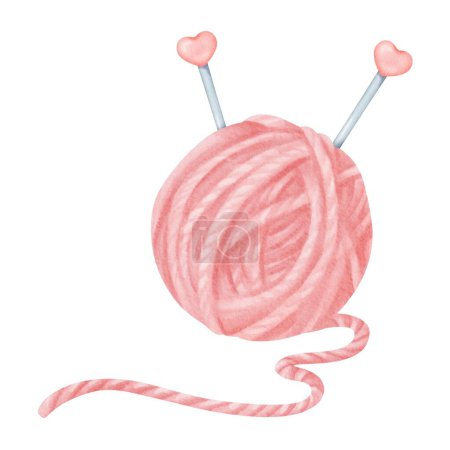 An isolated watercolor illustration featuring a pink yarn spool. Embedded in the spool are knitting needles, adorned with plastic pink hearts. Comprised of wool and cotton strands.
