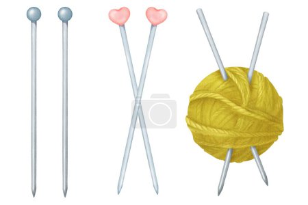 Ensemble aquarelle d'aiguilles à tricoter. Objets isolés avec aiguilles en acier aux pointes rondes bleues, ornés de coeurs en plastique rose. Outils d'artisanat insérés dans une boule de fil. pour ateliers d'aiguilletage.