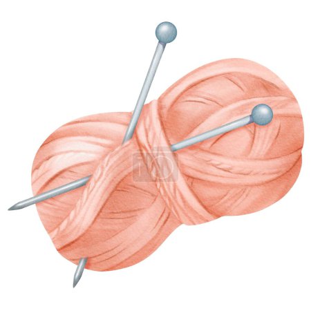 An isolated watercolor illustration featuring a pink yarn spool. Embedded in the spool are steel knitting needles. wool and cotton. for crafting enthusiasts, knitting tutorials, DIY-themed designs