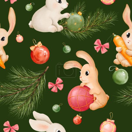 Nahtloses Muster. Hase und Hase mit Weihnachtsspielzeug Aquarell-Set. Handgezeichnete Tiere in verschiedenen Farben. Hasenillustrationselement. Nette Charaktere für Weihnachten, Neujahr. für Textilien, Verpackung