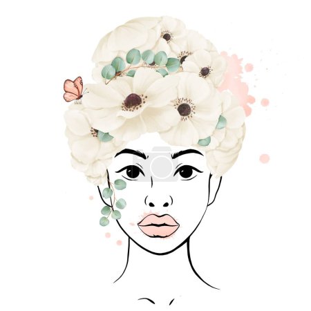 Téléchargez les photos : Belle jeune femme afro-américaine dans un portrait linéaire. Sa coiffure aux fleurs blanches d'anémone et de papillon. avec éclaboussures d'aquarelle. Idéal pour les avatars et mettant en valeur l'individualité. - en image libre de droit