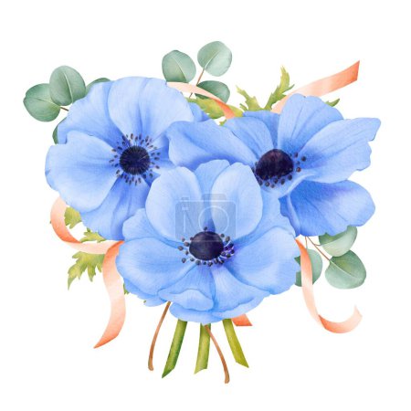 Ein Strauß aquarellblauer Anemonen, geschmückt mit Eukalyptusblättern und Satinbändern. Ideal für Hochzeitsbriefe, Einladungen zu Veranstaltungen, botanische Kunstwerke, künstlerische Projekte und dekoratives Kunsthandwerk.
