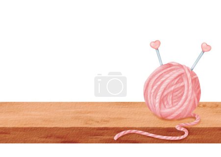 Composition comportant un écheveau en fil rose avec des aiguilles à tricoter reposant sur un rebord de fenêtre ou une table en bois. Les aiguilles avec des charmes de coeur en plastique. Beaucoup d'espace pour le texte. Illustration aquarelle.