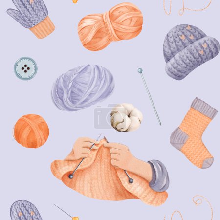 A seamless knitting-themed pattern featuring caring hands knitting fabric. hats socks and mittens. with elements of handicrafts yarn skeins buttons and pins with cotton flowers. watercolor.