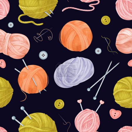 A seamless crafting-themed pattern featuring yarn skeins, colorful buttons, sewing needles with threads, and knitting needles against a dark background. watercolor illustration for textile designs.