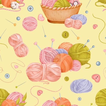 Photo for A seamless crafting-themed pattern yarn skeins in a woven basket, cotton flowers, colorful buttons, sewing needles with threads, and knitting needles against a beige background. watercolor. - Royalty Free Image