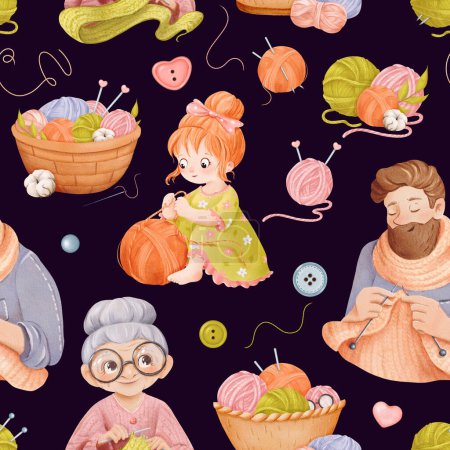 A seamless knitting-themed pattern featuring characters engaged in needlework. A grandmother in glasses and a hipster man are knitting scarves, while a girl plays with a ball of yarn. watercolor.