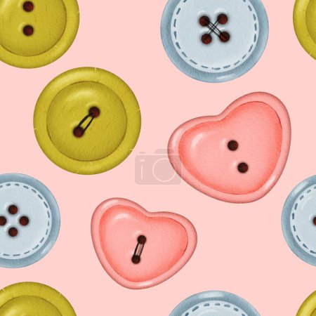 Seamless pattern of buttons in various colors on a light pink background. Buttons of different shapes and shades create a unique design. for decorative projects, cards, gift wrapping, and fabric items