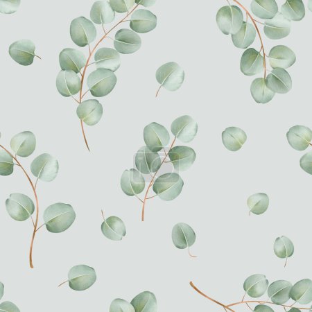 Téléchargez les photos : Motif sans couture avec de délicates branches d'eucalyptus aquarelle sur fond vert clair. pour papier peint, conception de tissu, papeterie, emballage. ajouter une touche de beauté naturelle et de sérénité. - en image libre de droit