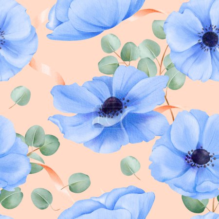 Ein nahtloses Muster mit Aquarellblumen auf beigem Hintergrund. Blaue Anemonen, Satinbänder, Eukalyptusblätter. für Textildesigns, Schreibwaren, digitale Hintergründe und dekorative Drucke.