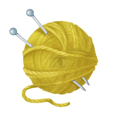 An isolated watercolor illustration featuring a green yarn spool. Embedded in the spool are steel knitting needles. wool and cotton. for crafting enthusiasts, knitting tutorials, DIY-themed designs.