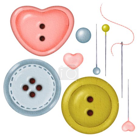 A watercolor collection of isolated objects featuring colorful buttons in round and heart shapes, along with needles, pins, and rhinestones. Colors pink, green, and blue. for crafting, sewing.