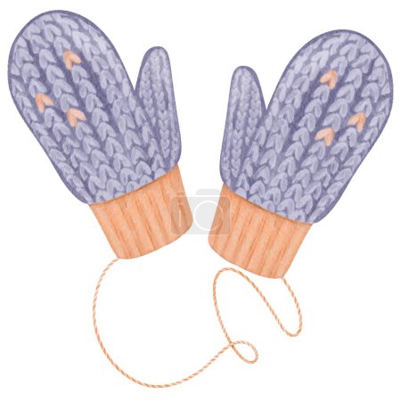 A composition of knitted mittens connected by a thread. Winter clothing item. Purple and orange colors. Isolated watercolor object. for winter greeting cards, cozy apparel designs, festive holiday.