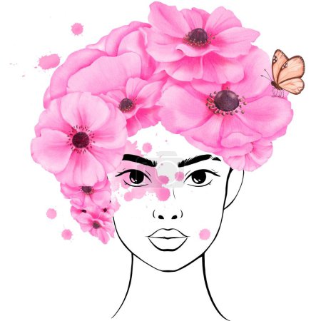 Téléchargez les photos : Portrait linéaire d'une belle jeune femme, coiffée de fleurs roses d'anémone et ornée d'une illustration papillon aquarelle. Symboliser la luminosité et l'inspiration pour les avatars. - en image libre de droit
