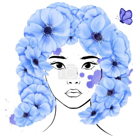 Téléchargez les photos : Jeune femme asiatique dans un portrait linéaire. Sa coiffure présente de gracieuses fleurs d'anémones bleues ornées d'un délicat papillon, de liberté et de spontanéité. pour les avatars, la diversité et l'individualité. - en image libre de droit
