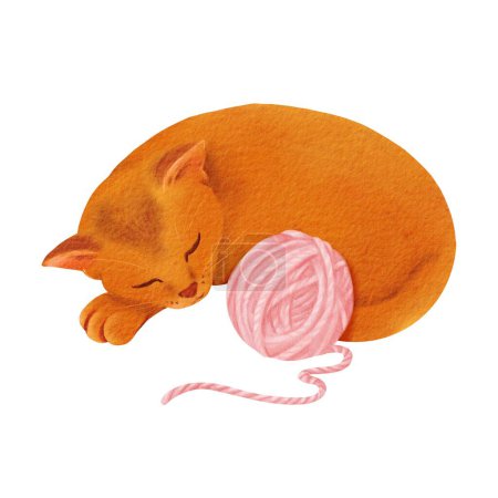 A composition a ginger kitten curled up asleep beside a pink yarn skein, for greeting cards, childrens book illustrations, or pet-themed designs. Watercolor illustration.