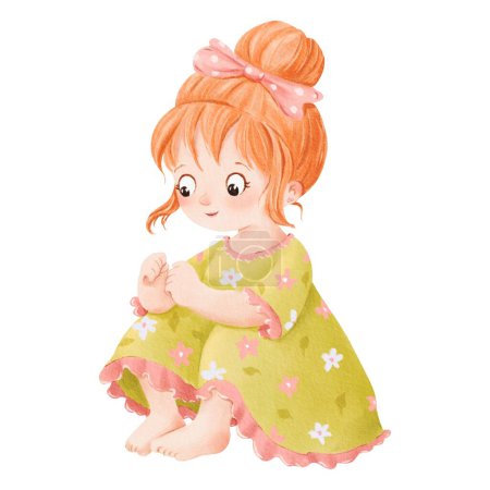 Une illustration d'aquarelle pour enfants. une petite fille rousse assise. Elle porte une robe verte avec un motif de fleurs et un arc rose. pour les livres pour enfants matériel éducatif ou cartes de v?ux.