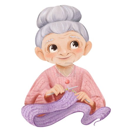 A watercolor childrens illustration. a gray-haired grandmother knitting a scarf. hair in a bun and wears a pink sweater. a smiling woman engaged in knitting, for education or family-themed designs.