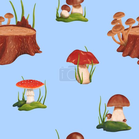Photo for Seamless woodland pattern. Forest glade. a mushroom pickers dream. Edible penny bun and delicious porcini mushrooms. Dangerous and poisonous fly agaric. Autumnal watercolor illustration. - Royalty Free Image