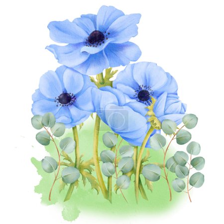 A composition of blue anemones and eucalyptus leaves, suitable for wedding invitations, event decorations, botanical artwork, digital designs, artistic projects, and decorative.
