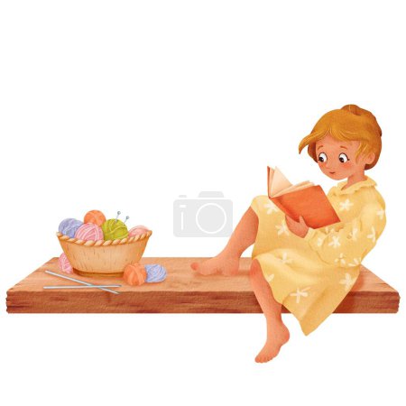 Une composition représentant une fille assise et lisant un livre de tricot. Un panier rempli d'écheveaux multicolores repose sur un rebord de fenêtre en bois, accompagné d'une tasse de thé ou de café. Aquarelle.