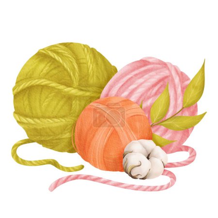 Komposition aus bunten Garnknäueln in grün, rosa und orange, verziert mit weichen Baumwollblüten und grünen Zweigen. Aquarell für Bastler, textile Themenblogs.