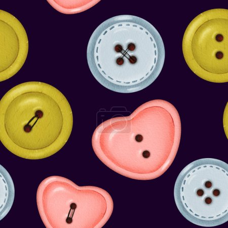 Seamless pattern featuring an array of colorful buttons. a dark background, showcasing buttons of diverse shapes and hues. watercolor. for textile designs, crafting projects, and decorative elements.